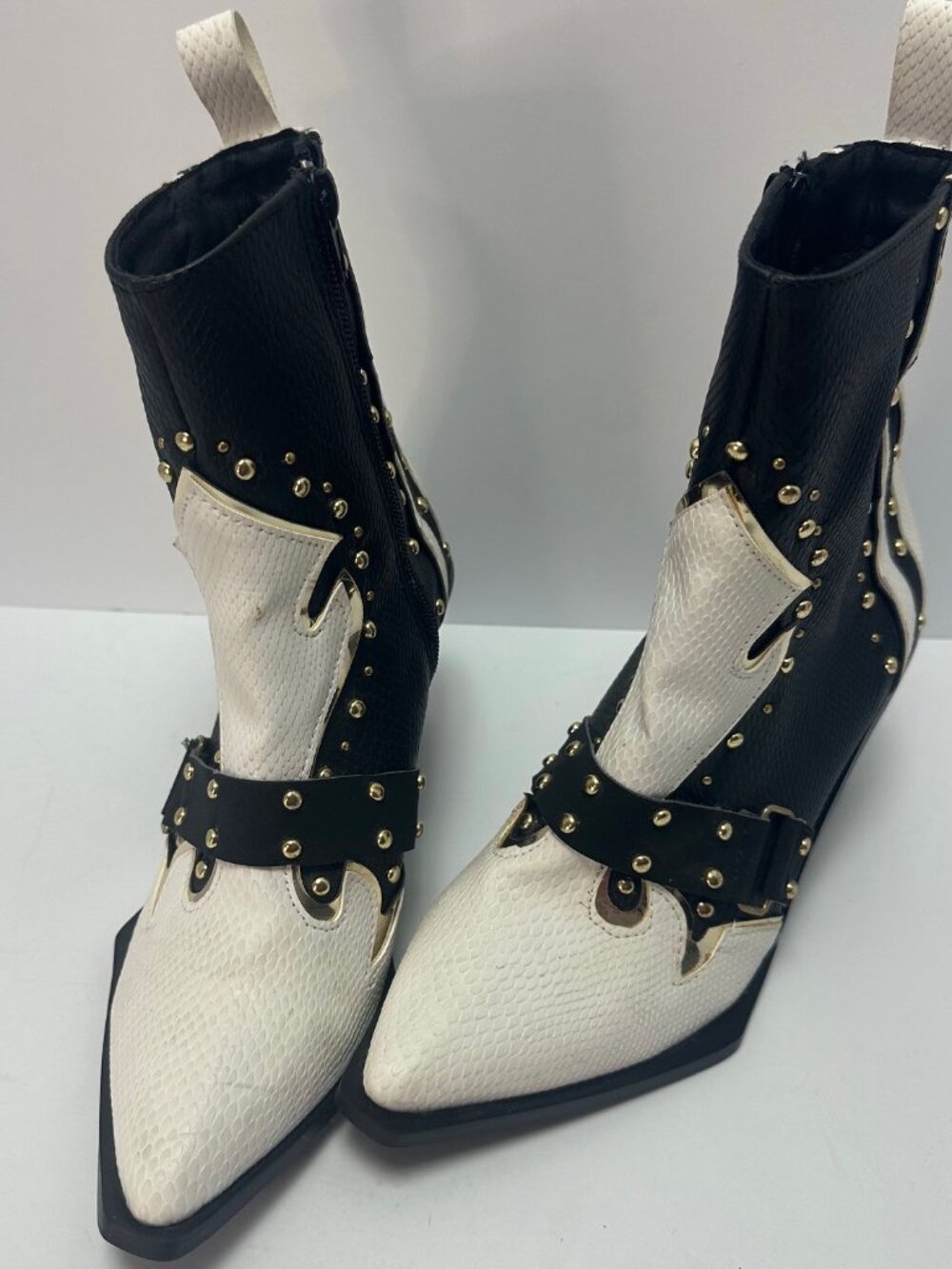 Women's Mexican Booties Chaotic Gold Studs Black and White Color 7 Edgy Grunge